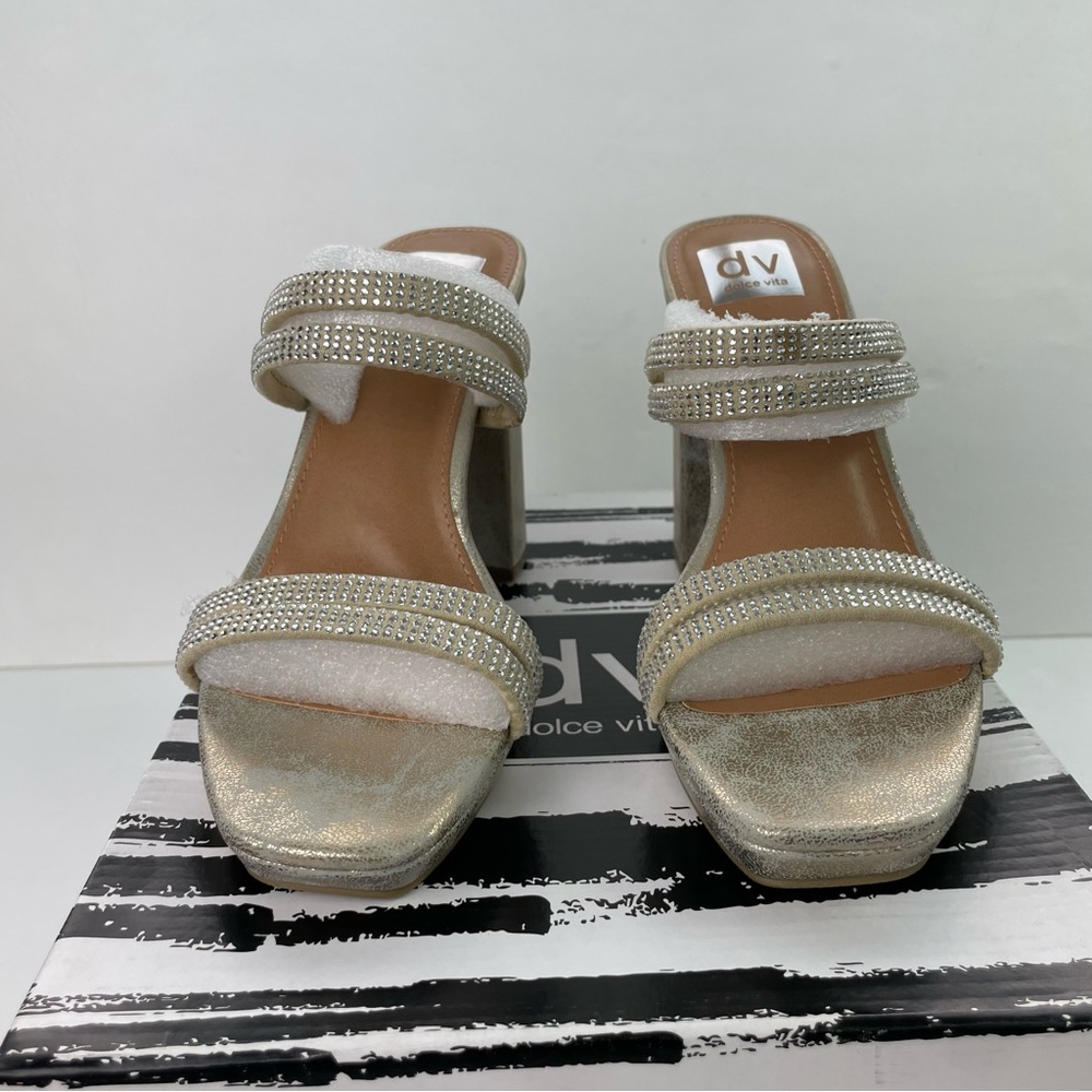 DV by Dolce Vita Gold Persia‎ Chunky Heel Open-Toe Rhinestone-Detail Sandal - Picture 10 of 14
